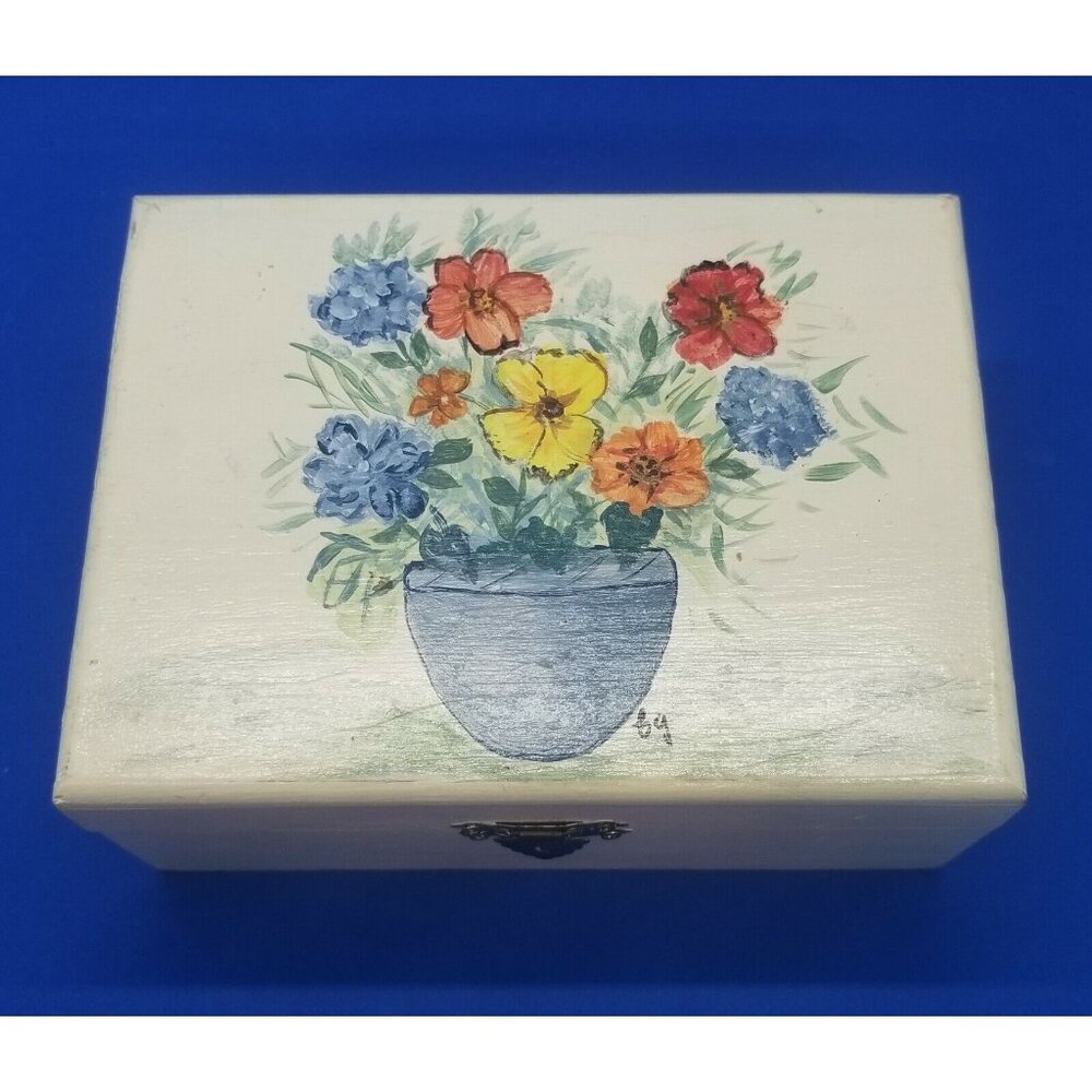 Hand Painted Wooden Trinket Box Flowers Lined Inside Artist Signed
